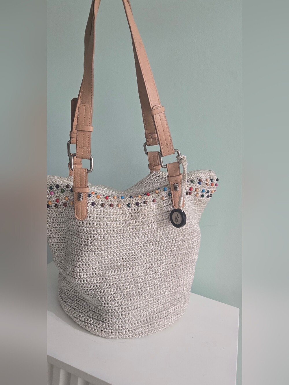 The Sak Handwoven Cream Tote Bag with Tan Handles